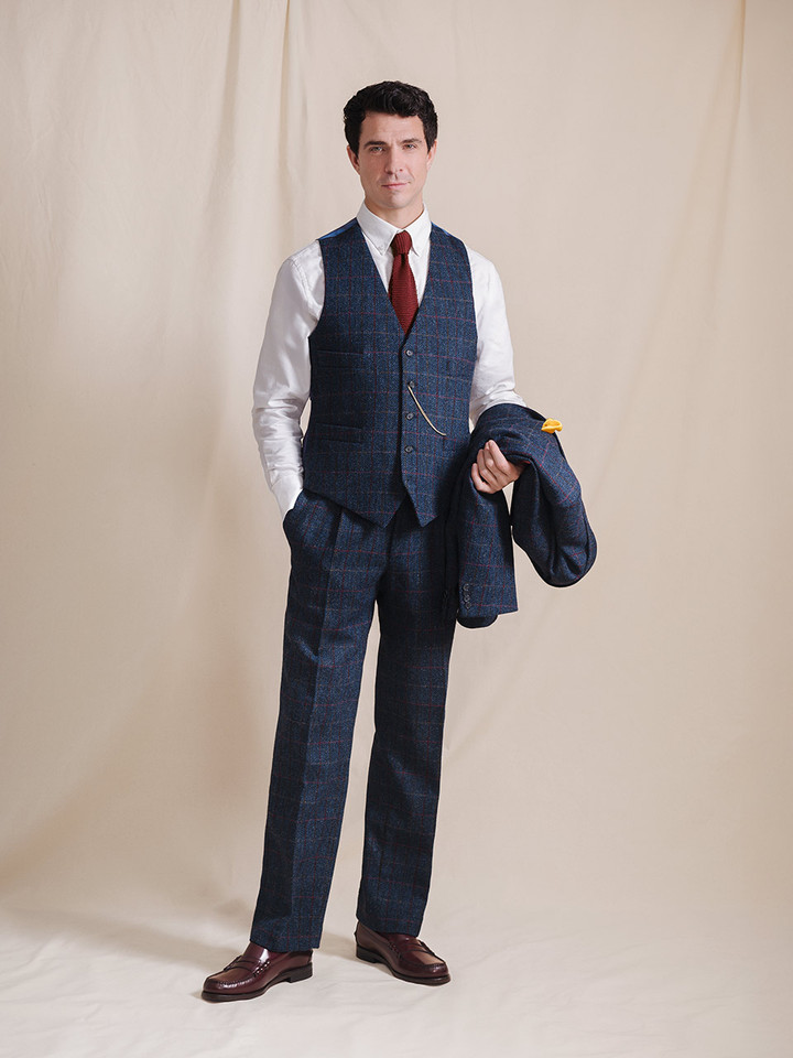 Slate Blue Harris Tweed® Waistcoat On Model