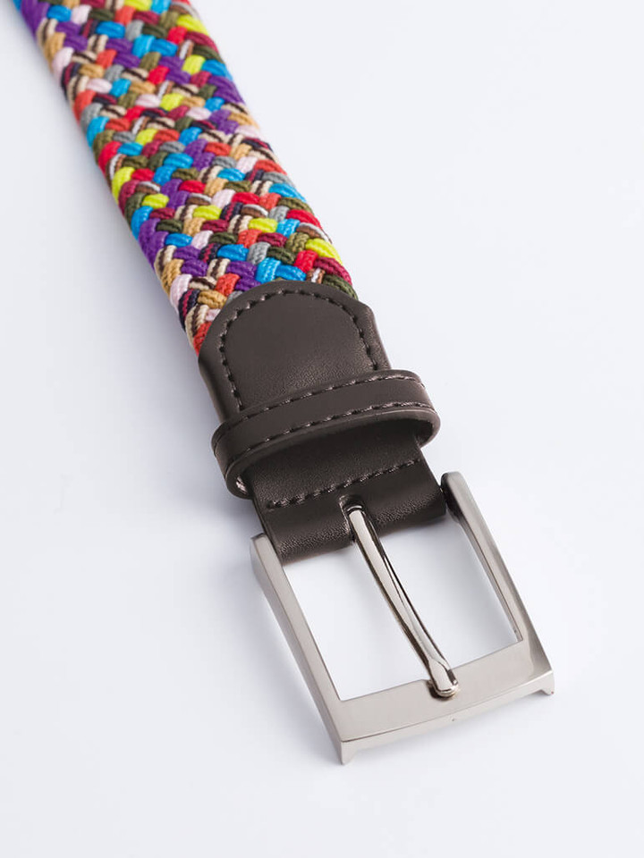 Men's Multi Coloured Woven Elastic Belt Metal Buckle Close Up