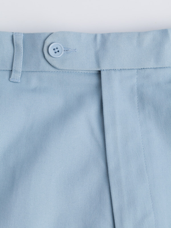 Close Up of Sky Blue Flat Front Chino Trousers Detail