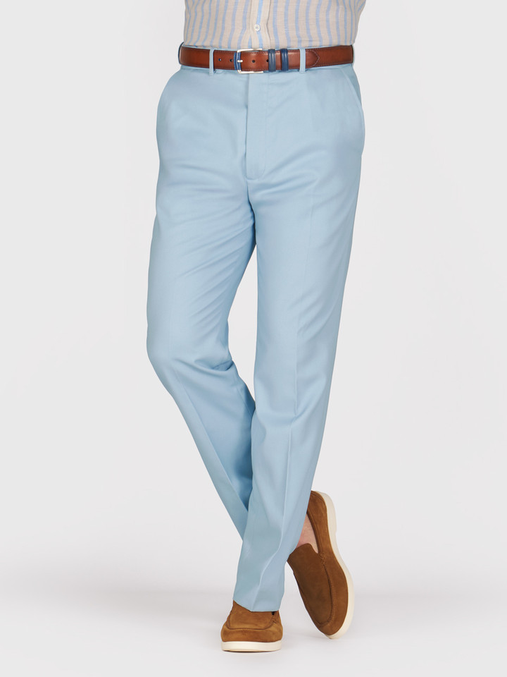 Mens Sky Blue Flat Front Chino Trousers on Model