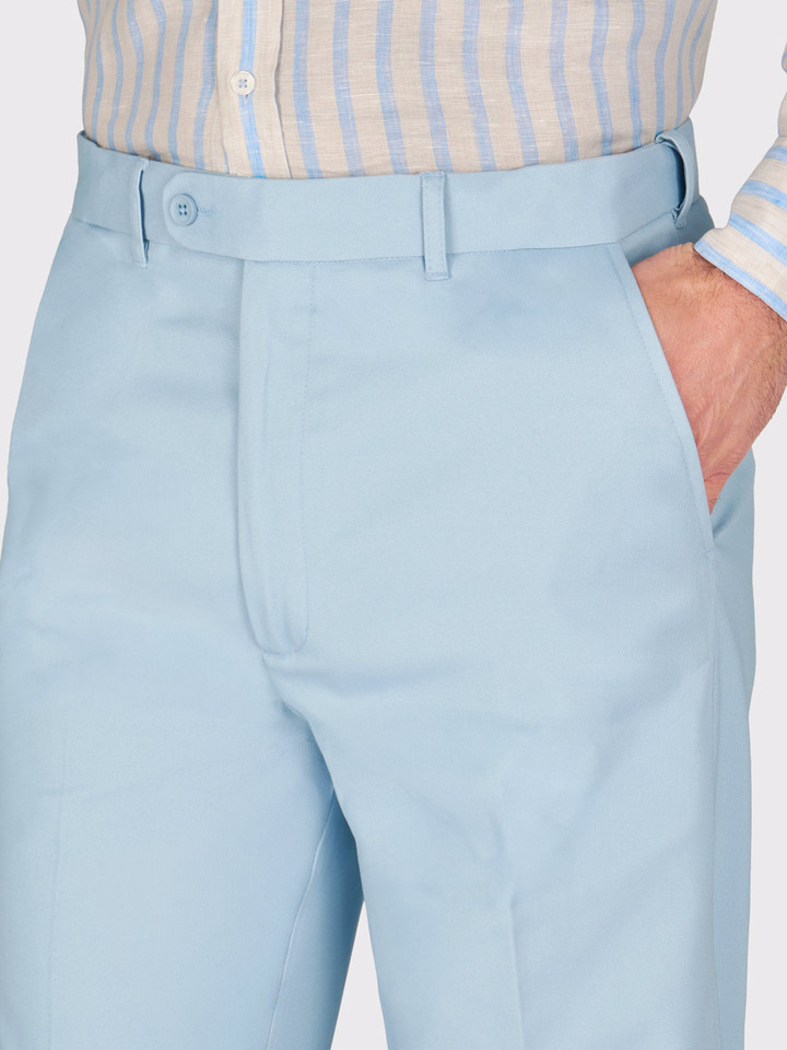 Mens Sky Blue Flat Front Chino Trousers on Model Front Pockets