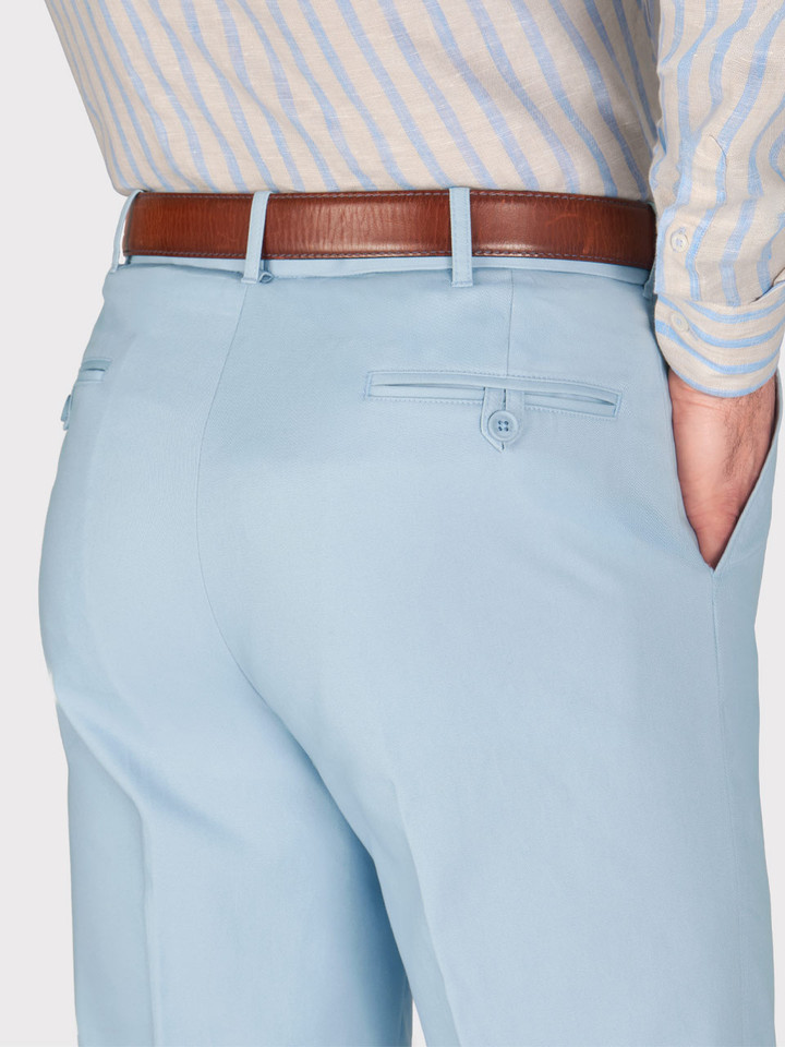 Mens Sky Blue Flat Front Chino Trousers on Model Back Pockets