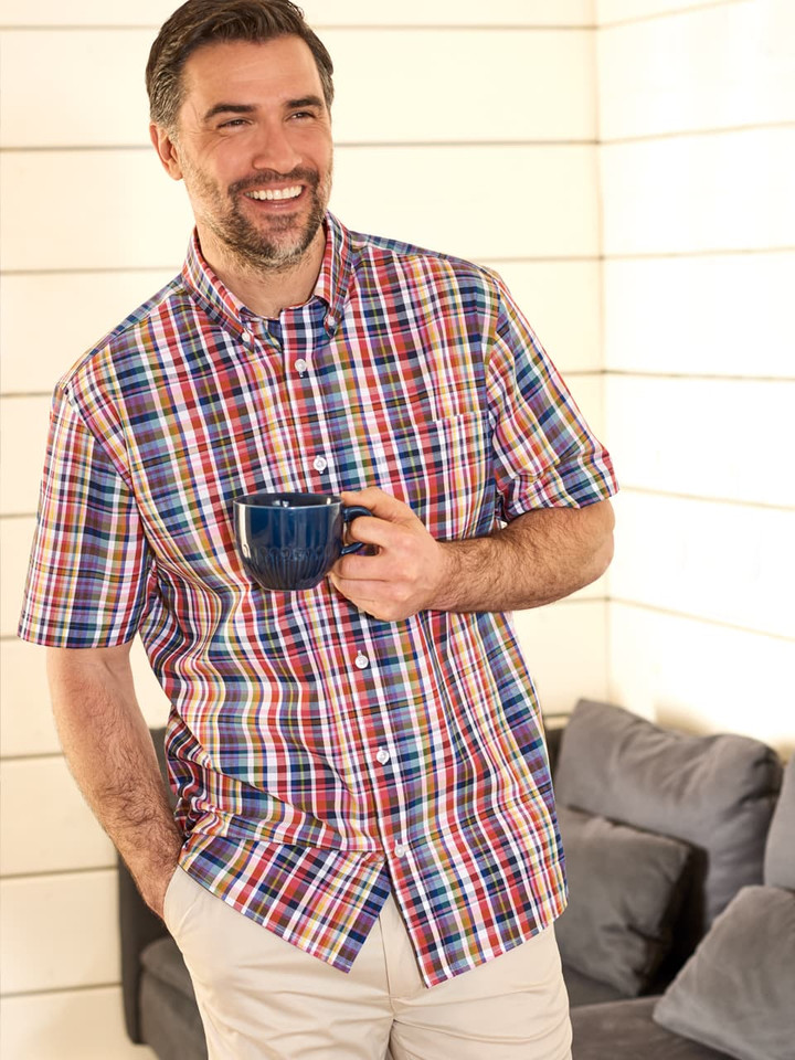 Men's Red Cotton Madras Check Shirt on Model