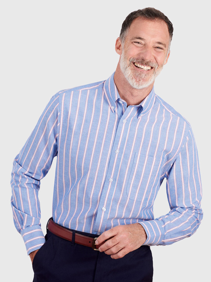 Men's Blue Red Stripe Cotton Oxford Shirt on Model