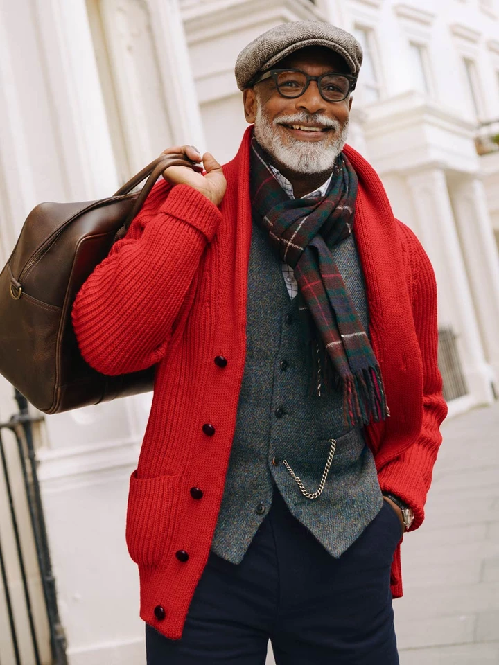 Men's Red Knitted Wool Shawl Neck Cardigan