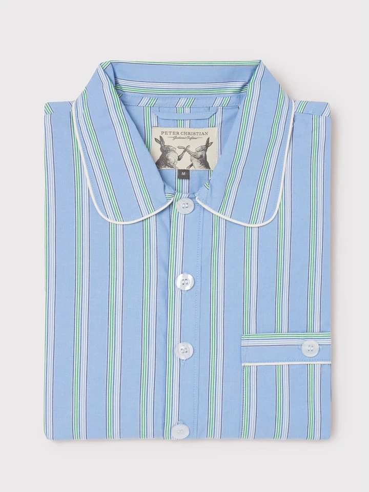 Men's Blue & Green Striped Cotton Nightshirt