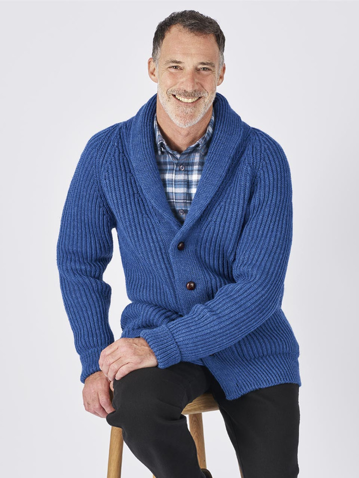 Men's Blue Shawl Neck Cardigan on Model