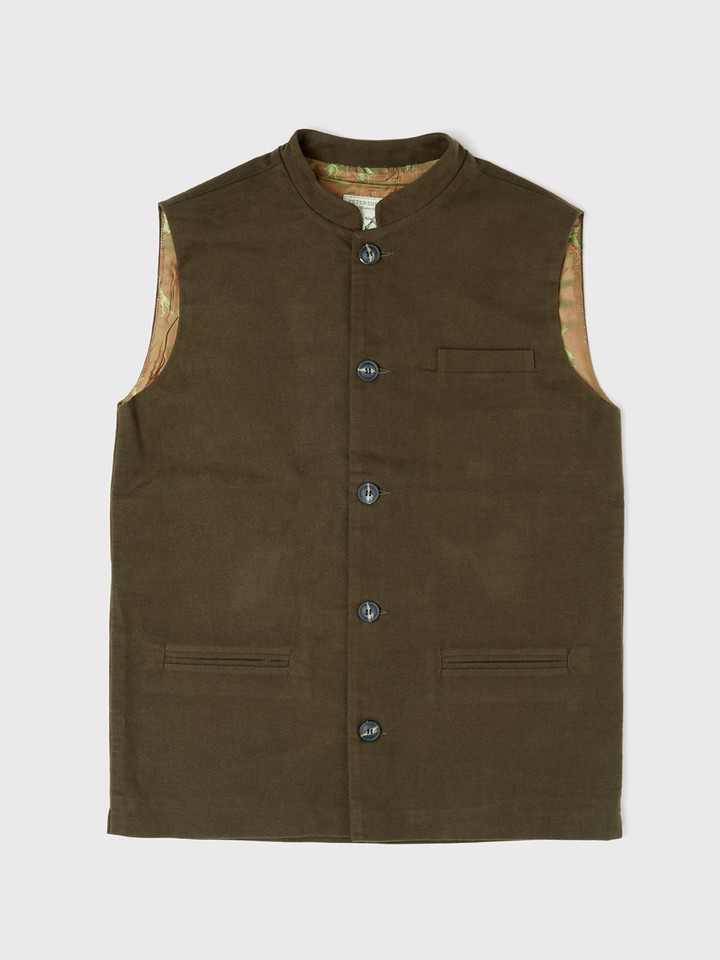 Green Nehru Moleskin Gilet Front