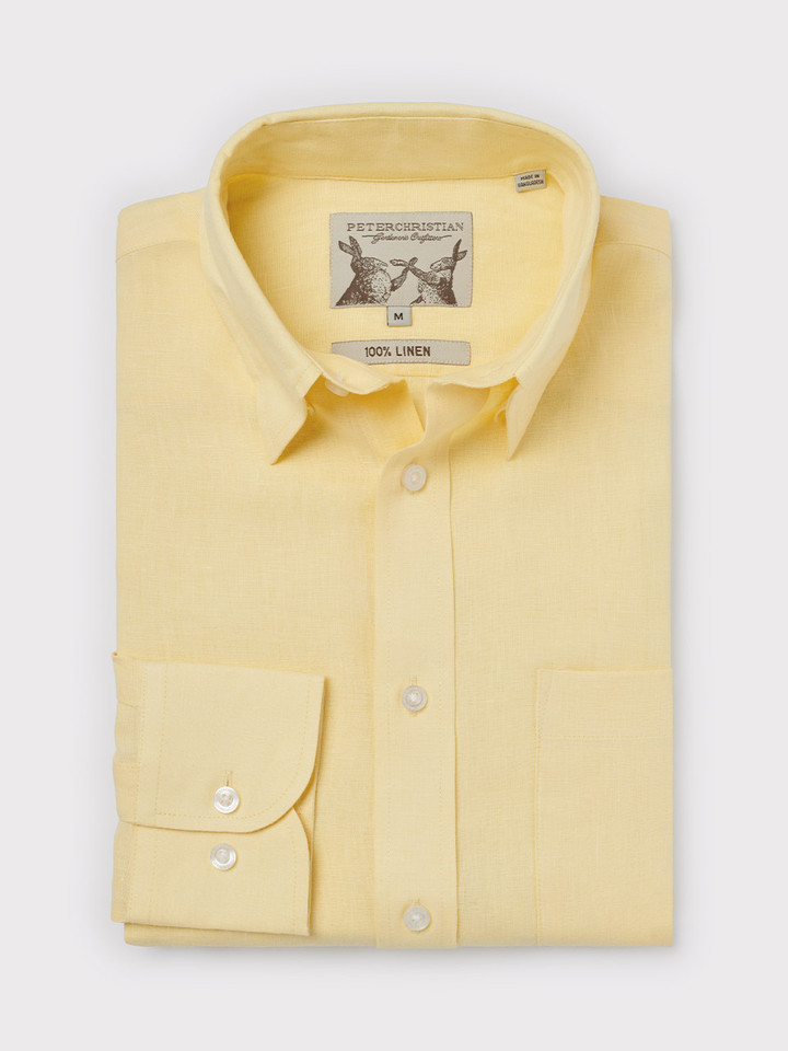 Men's Lemon Yellow 100% Linen Long Sleeve Shirt