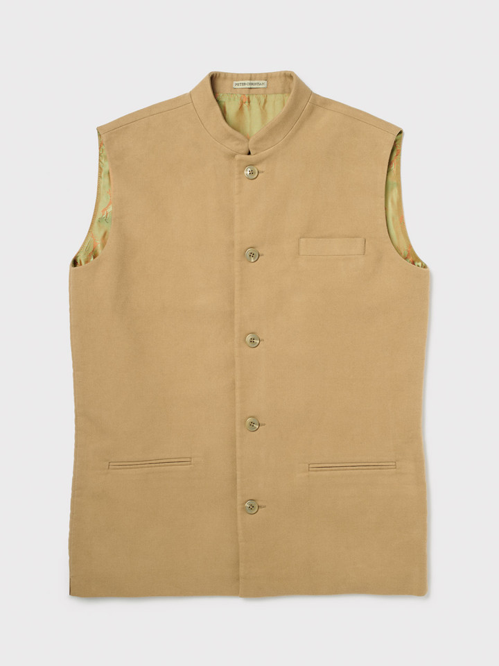 Moleskin Nehru Beige Gilet Front