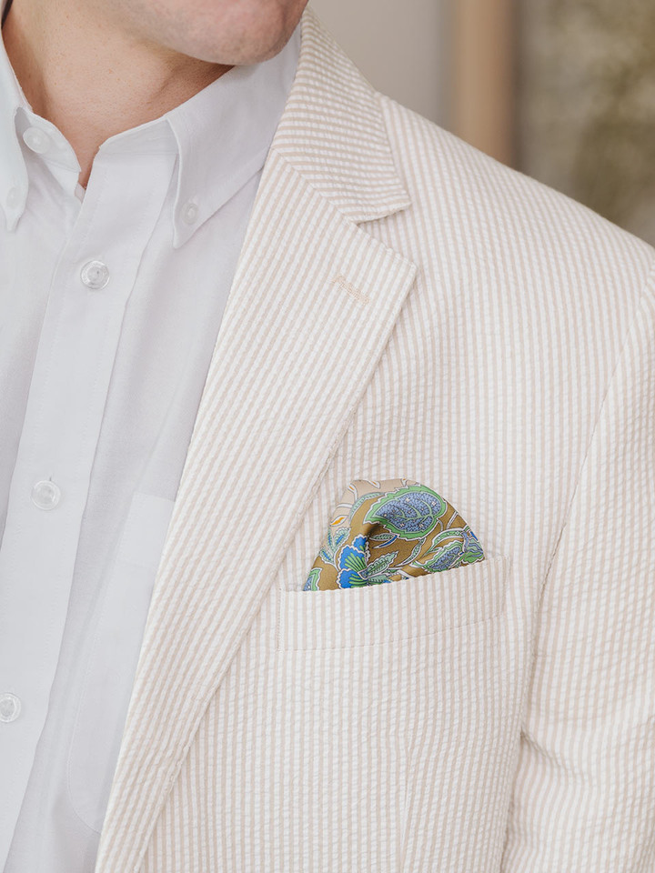 Men's Natural Stripe Seersucker Jacket On Model Pocket Detail