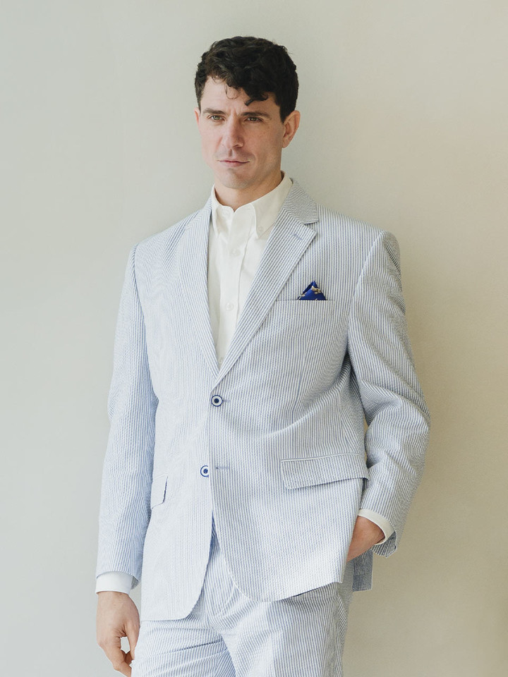 Men's Blue and White Stripe Seersucker Jacket On Model