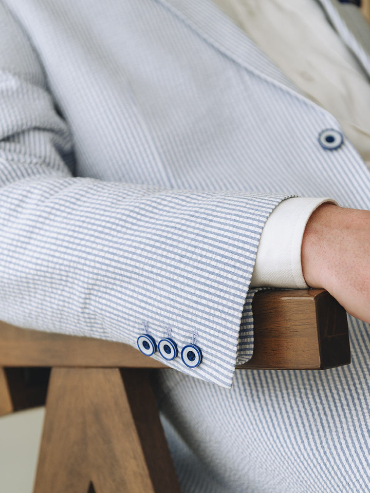 Men's Blue and White Stripe Seersucker Jacket On Model Button Details