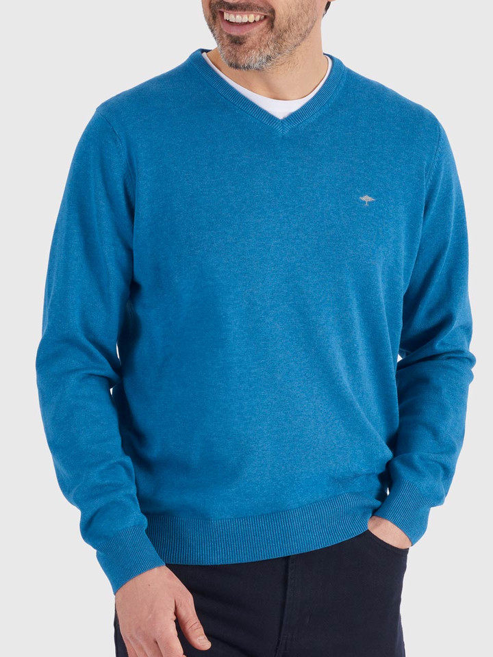 Men's Azure Blue Fynch-Hatton Superfine Cotton V Neck Sweater