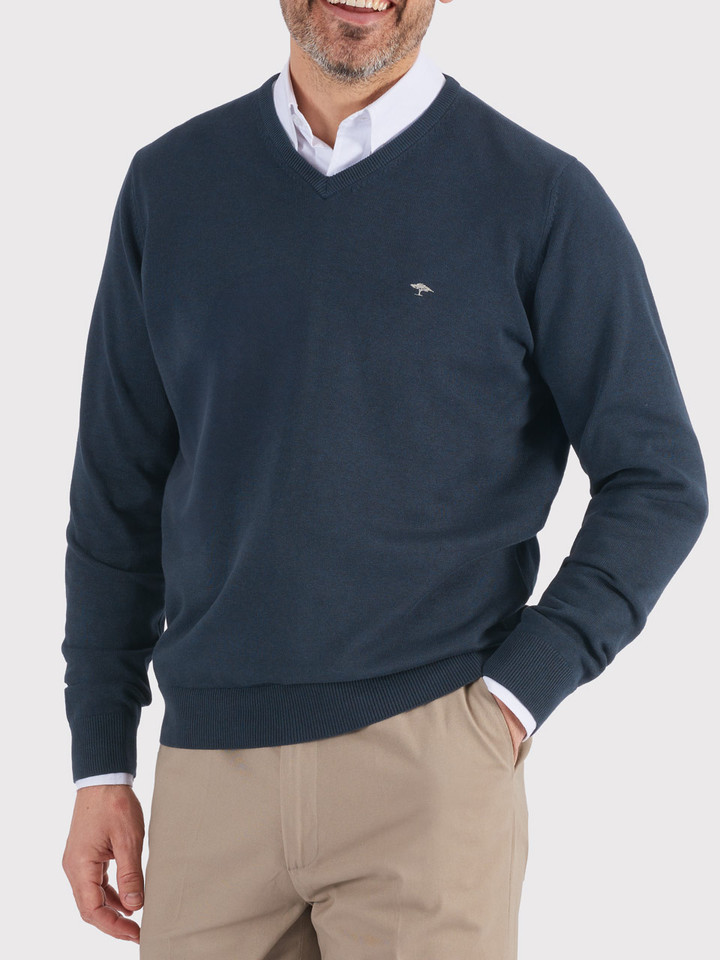 Men's Navy Fynch-Hatton Superfine Cotton V Neck Sweater