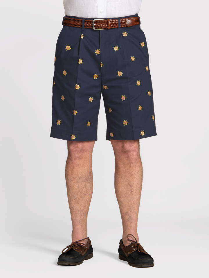 Sun Embroidered Navy Cotton Pleated Shorts