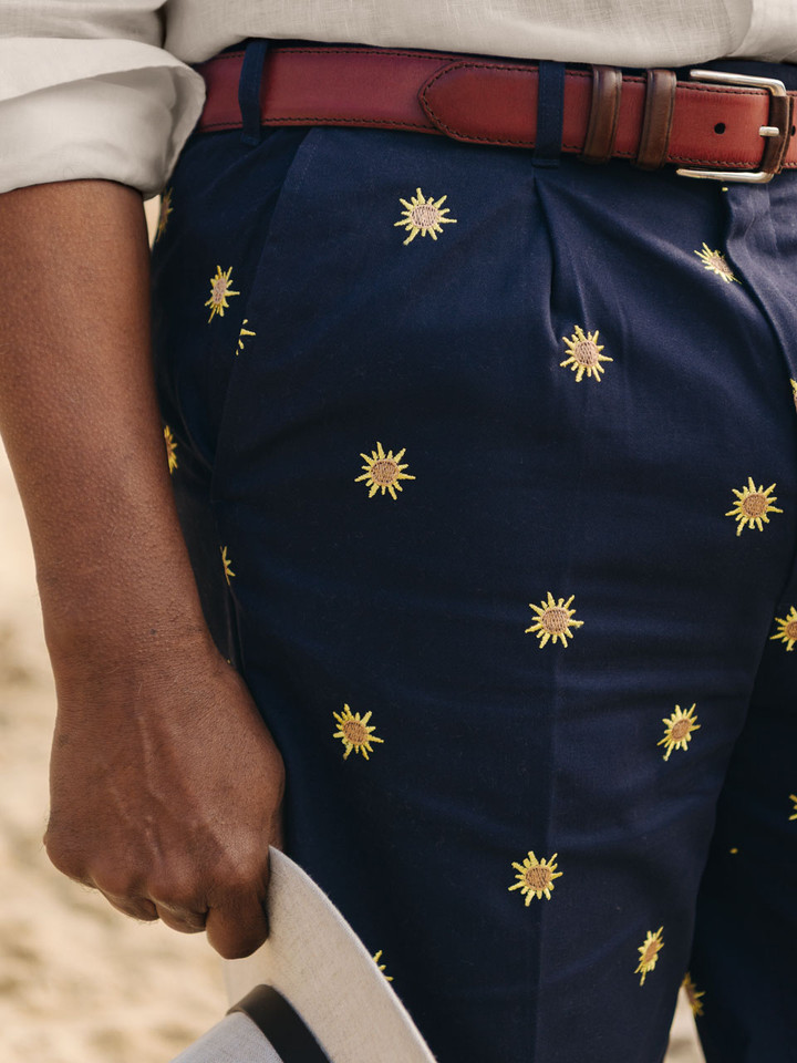Mens Sun Embroidered Navy Cotton Pleated Shorts on Model Details