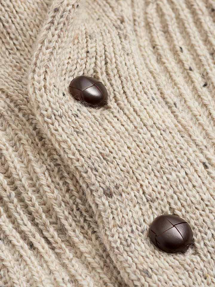 Men's Oat Beige Shawl Neck Cardigan Leather Football Buttons