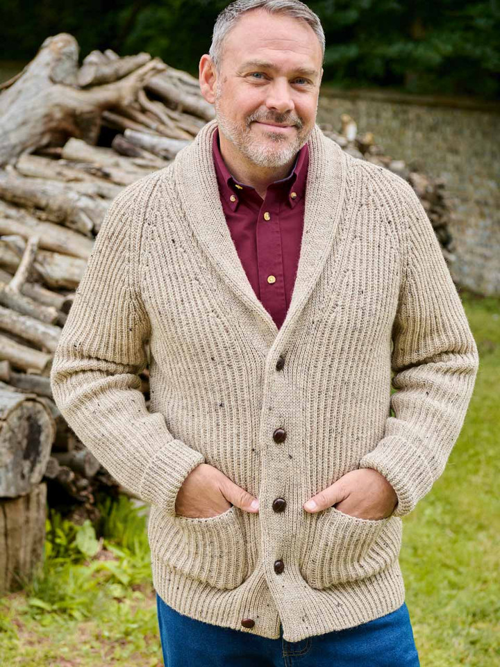 Men's Oat Beige Shawl Neck Cardigan On Model