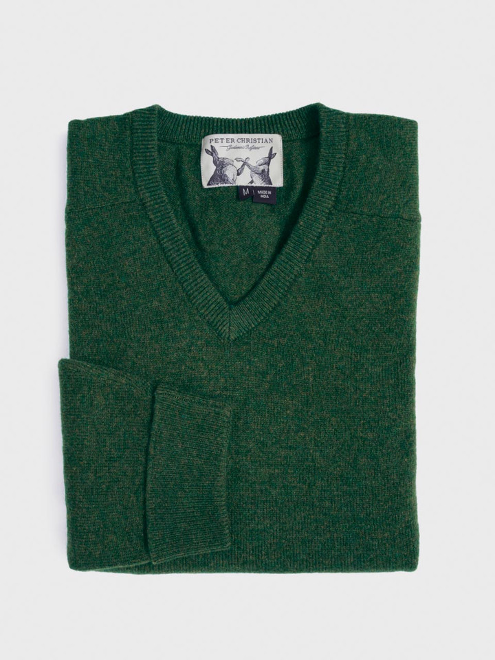 Men's Green 100% Lambswool V-Neck Sweater Folded