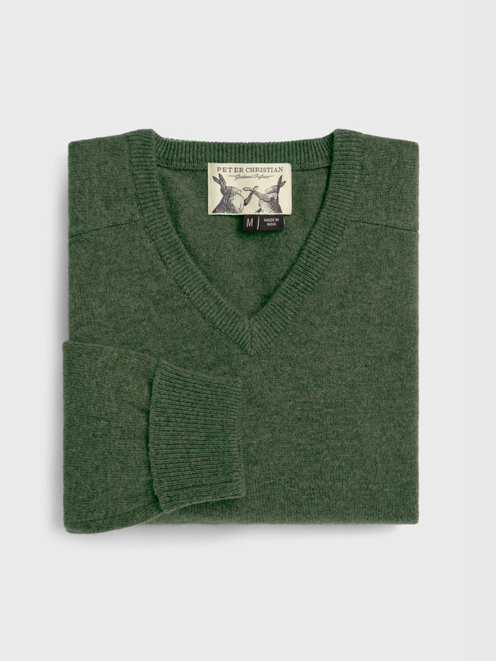 Green 100% Lambswool V-Neck Sweater