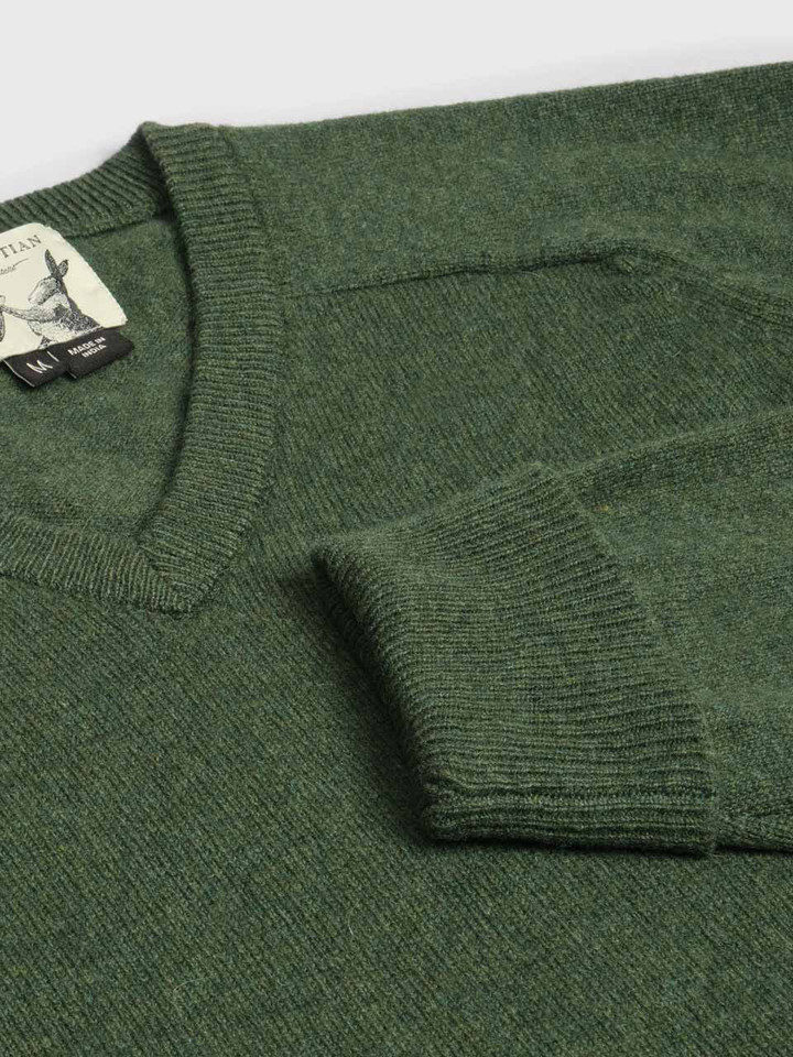 Green 100% Lambswool V-Neck Sweater
