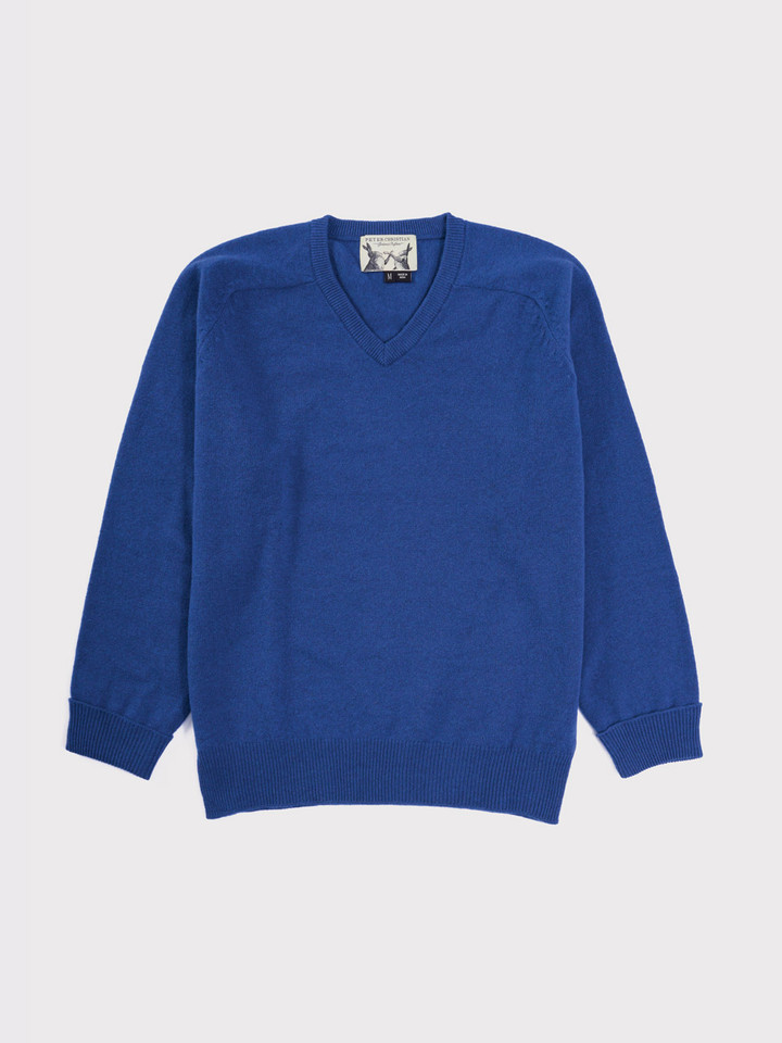 Blue Lambswool V-Neck Sweater Flat