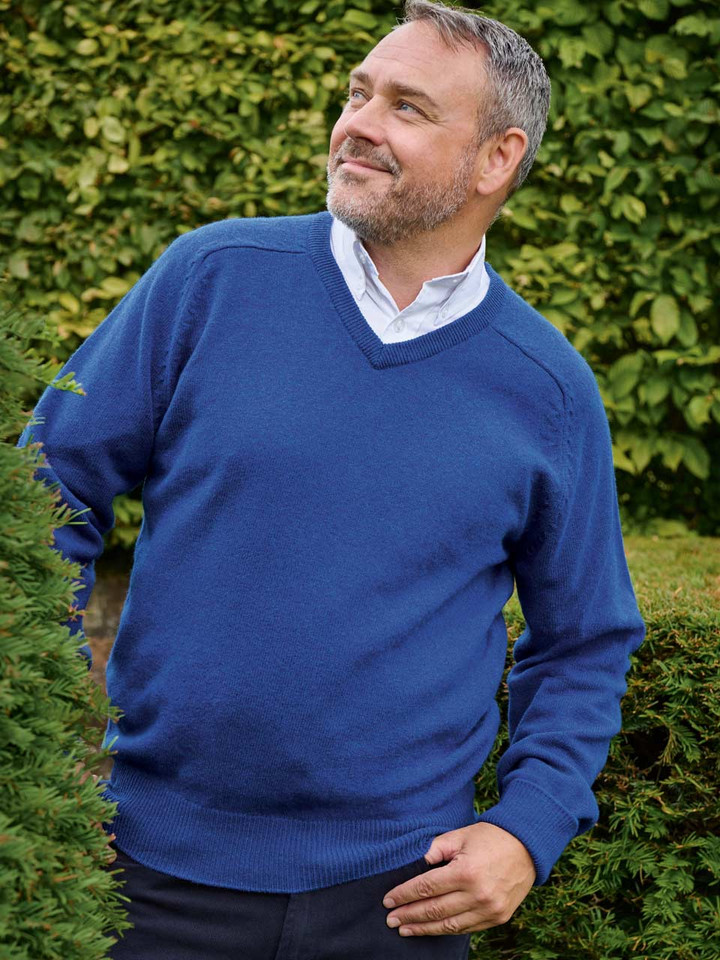 Blue Lambswool V-Neck Sweater On Model