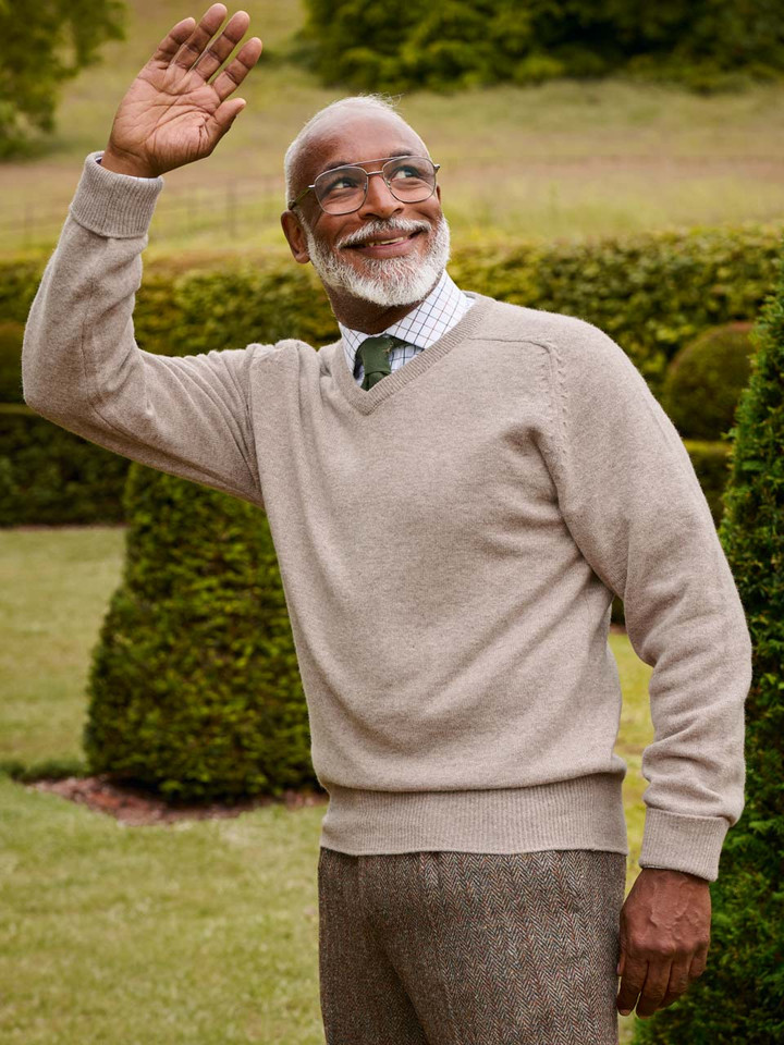 Men's Doe Beige Lambswool V-Neck Sweater On Model