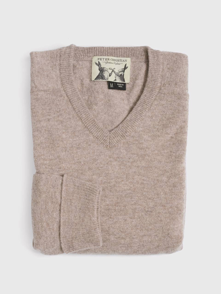 Men's Doe Beige Lambswool V-Neck Sweater Folded