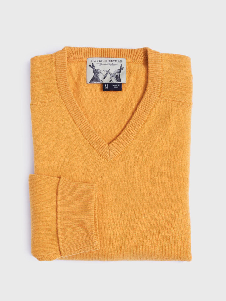 Gold Lambswool V-Neck Sweater