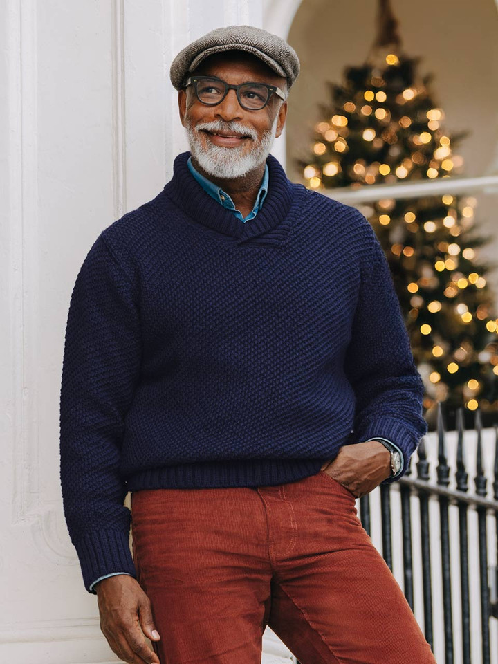 Men's Navy Shawl Neck Jumper On Model