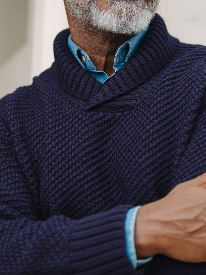 Men's Navy Shawl Neck Jumper On Model Details