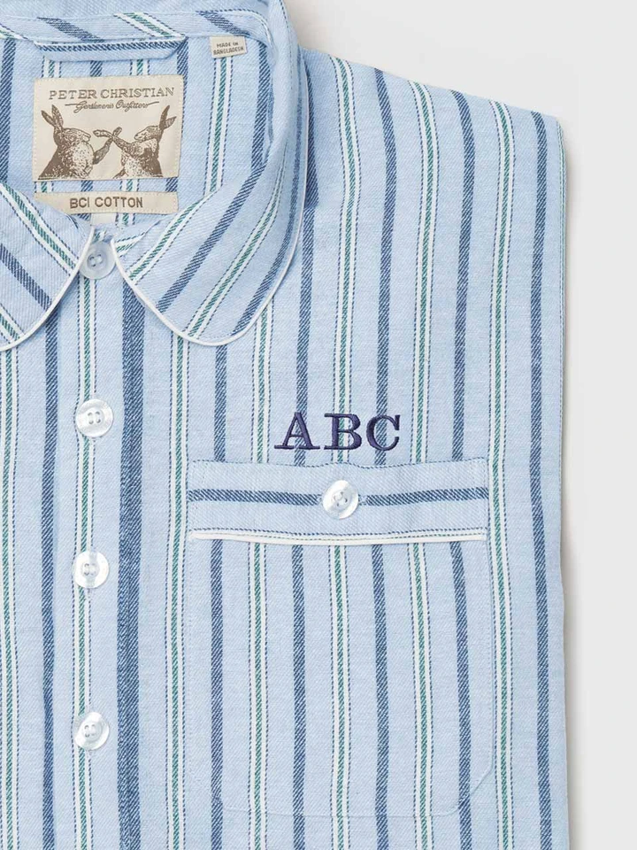 Mens Blue & Green Stripe Flannel Nightshirt with Monogramming