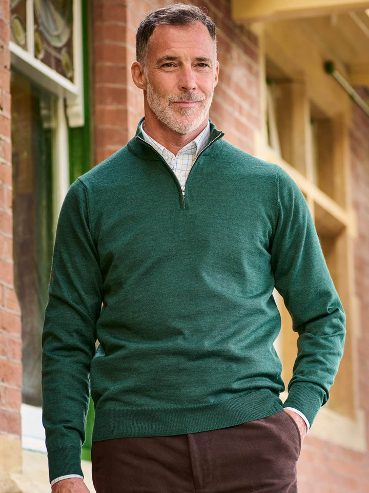 Green Fine Merino Zip-Neck Jumper Model