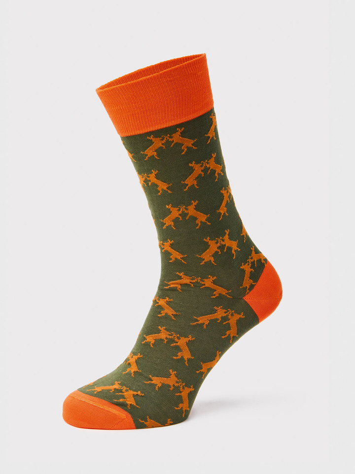 Green & Orange Mercerised Cotton Boxing Hares Motif Socks