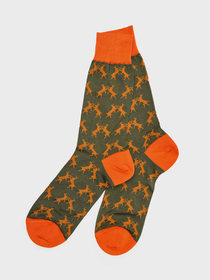 Green & Orange Mercerised Cotton Boxing Hares Motif Socks