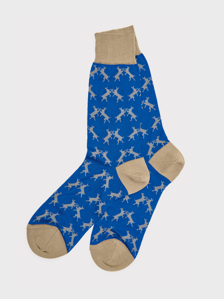 Blue & Beige Mercerised Cotton Boxing Hares Socks