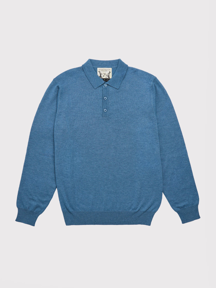 Blue Knitted Polo Jumper Flat