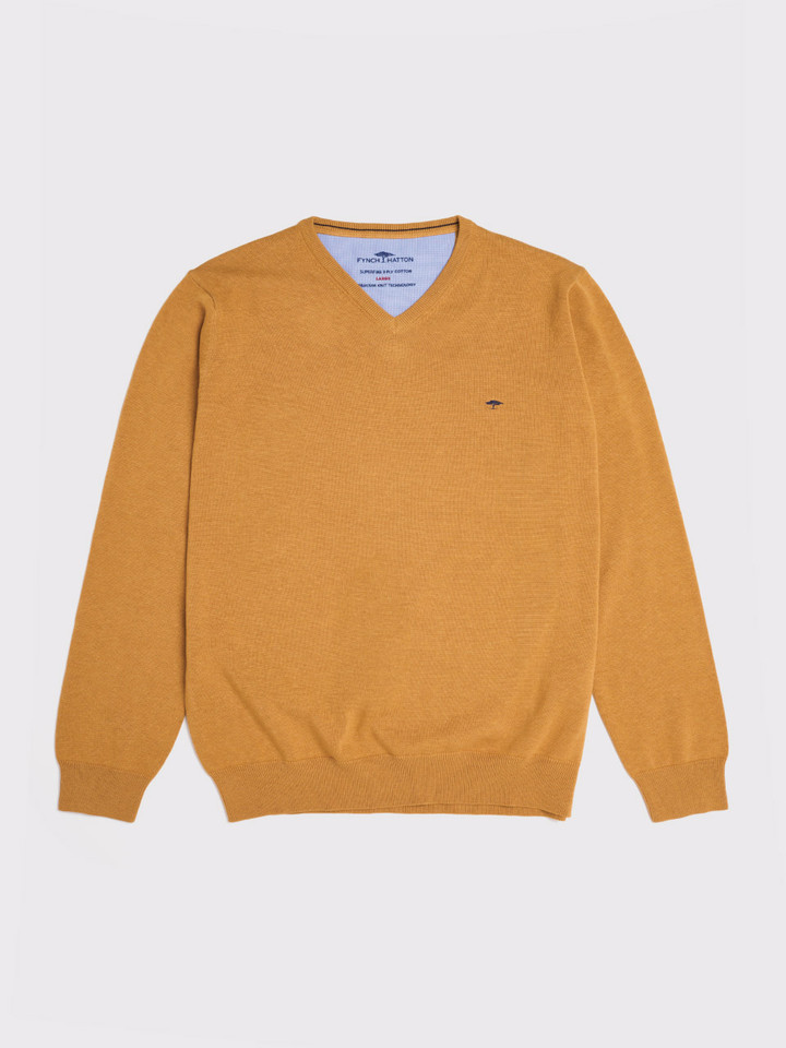 Mustard Yellow Fynch-Hatton Superfine Cotton V Neck Sweater