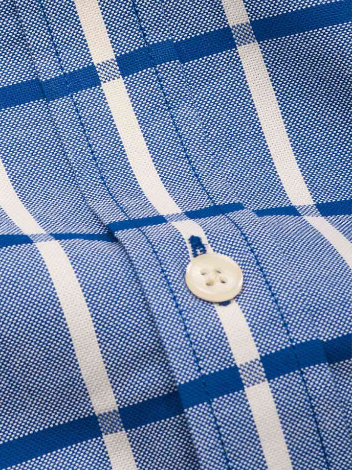 Men's Blue and White Window Pane Check Shirt Close Up