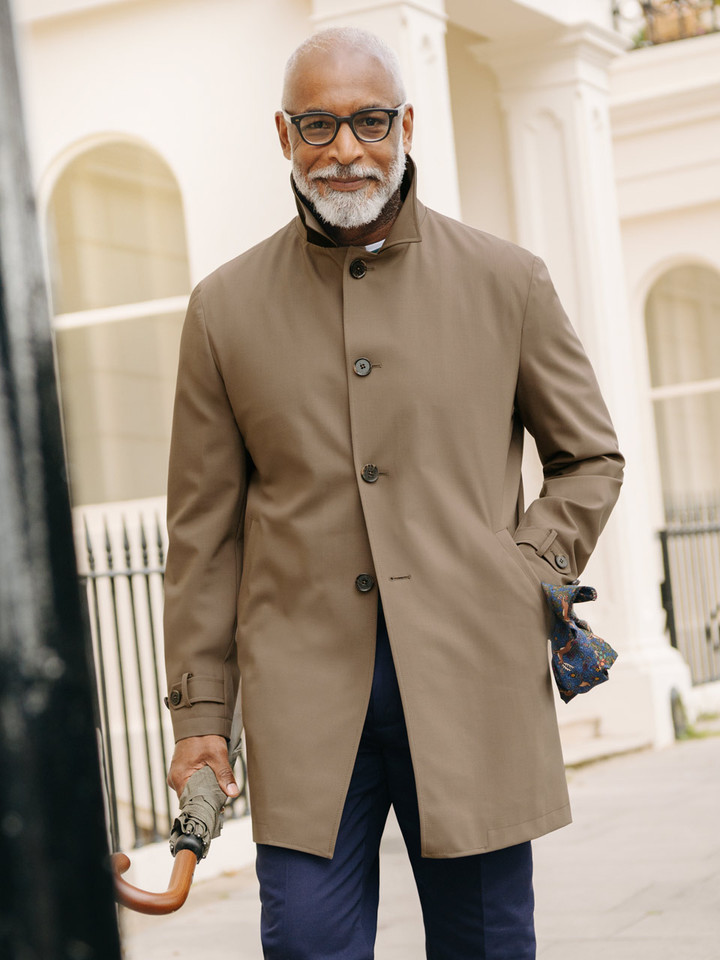 Men's Sand Luxury Wool Blend Mac Coat On Model