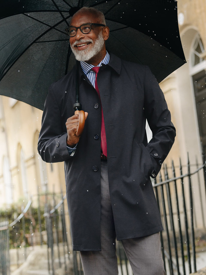 Men's Navy Luxury Wool Blend Mac Coat On Model
