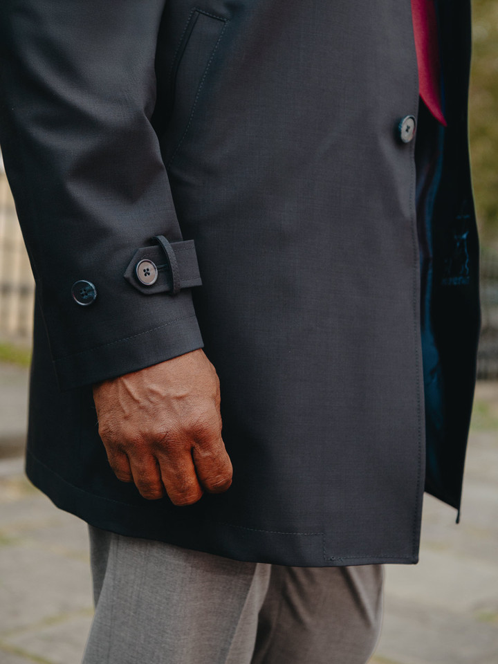 Men's Navy Luxury Wool Blend Mac Coat On Model Sleeve Detail
