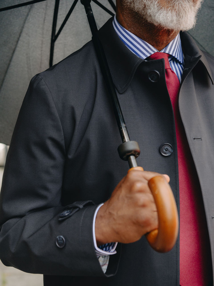 Men's Navy Luxury Wool Blend Mac Coat On Model Detail