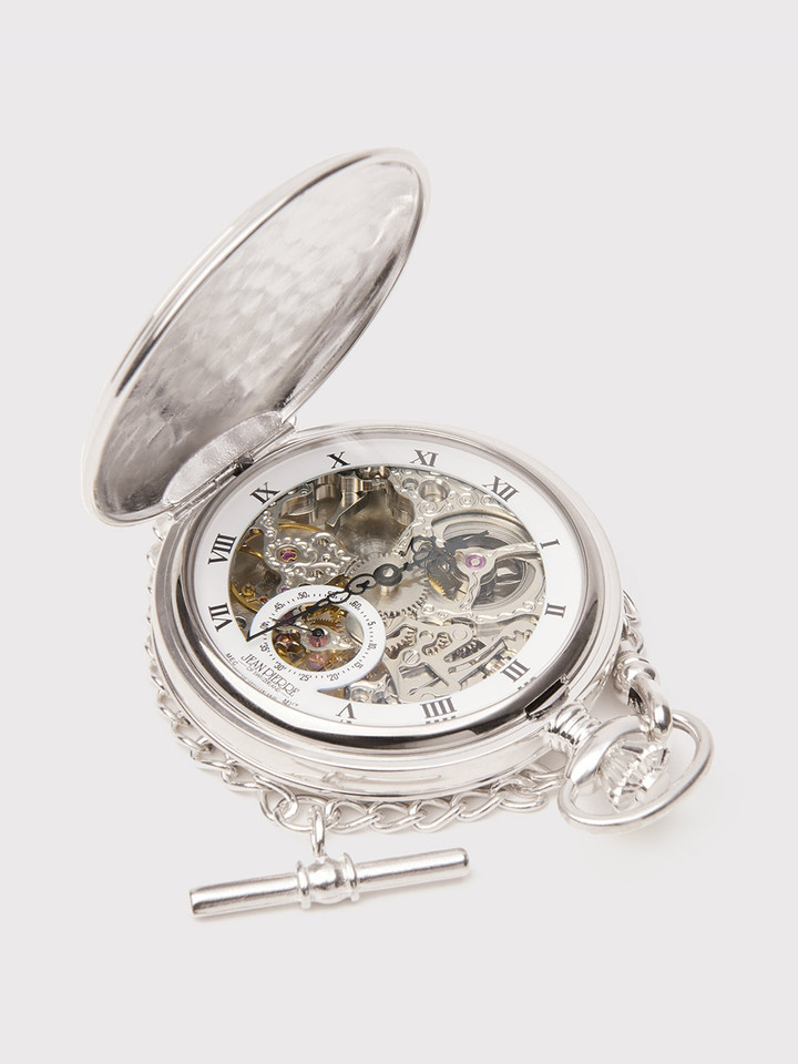 Jean Pierre Double Hunter Sterling Silver Skeleton Pocket Watch Open