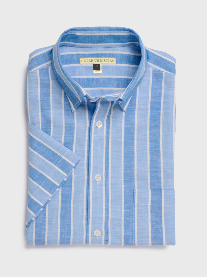 Blue Cotton & Linen Short Sleeve Stripe Shirt Folded