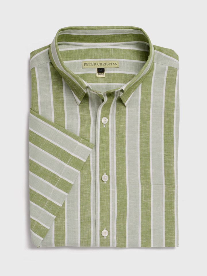 Green Cotton & Linen Short Sleeve Stripe Shirt Folded