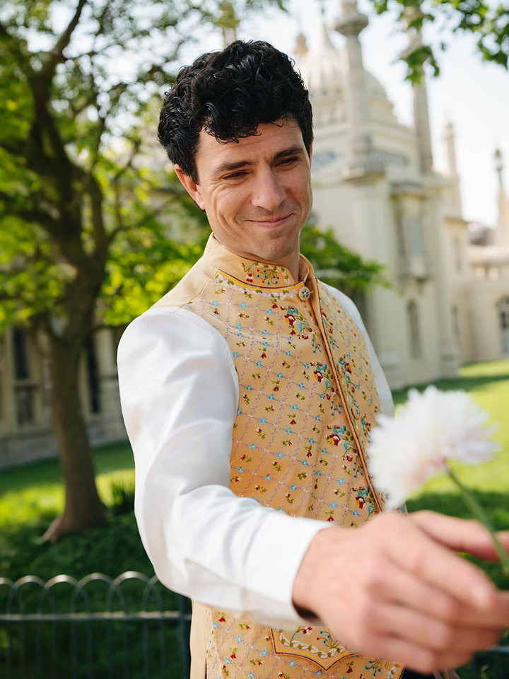 Mens Floral Embroidered Regency Nehru Waistcoat on Model