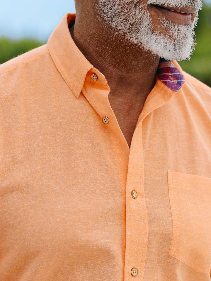 Men's Apricot Short Sleeve Linen and Cotton Shirt On Model